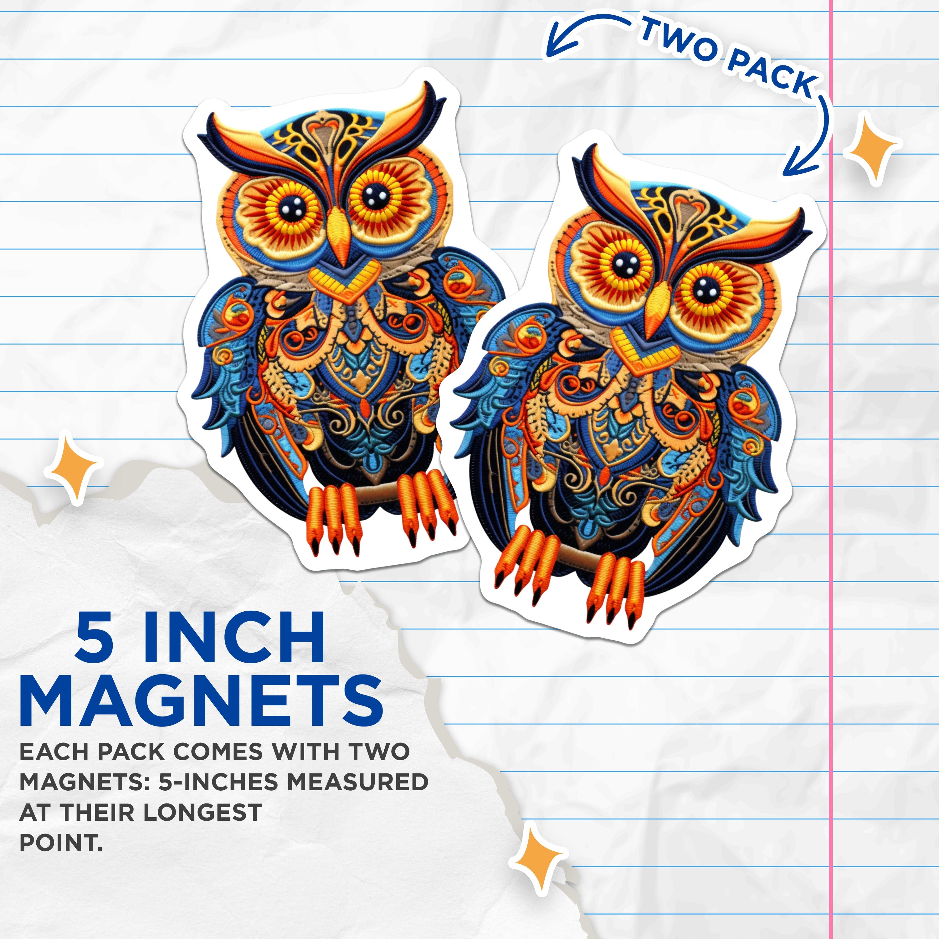 (2 Pack) Bohemian Owl Magnets - Colorful Folk Art - Wisdom Bird Decor - Fridge Locker Accent - 5 Inches On Longest Side - Thick Durable Magnet - Made in USA - MAG36560