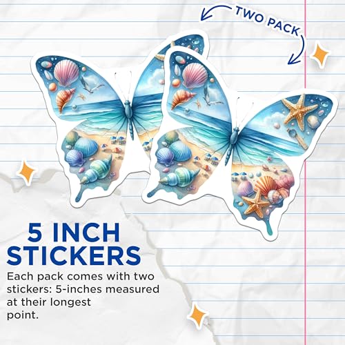 (2 Pack) Beach Butterfly Stickers - Ocean Theme - Nature Art - 5" On Longest Side - Sticks to Smooth Flat Surfaces - Made in USA - BMCS7076