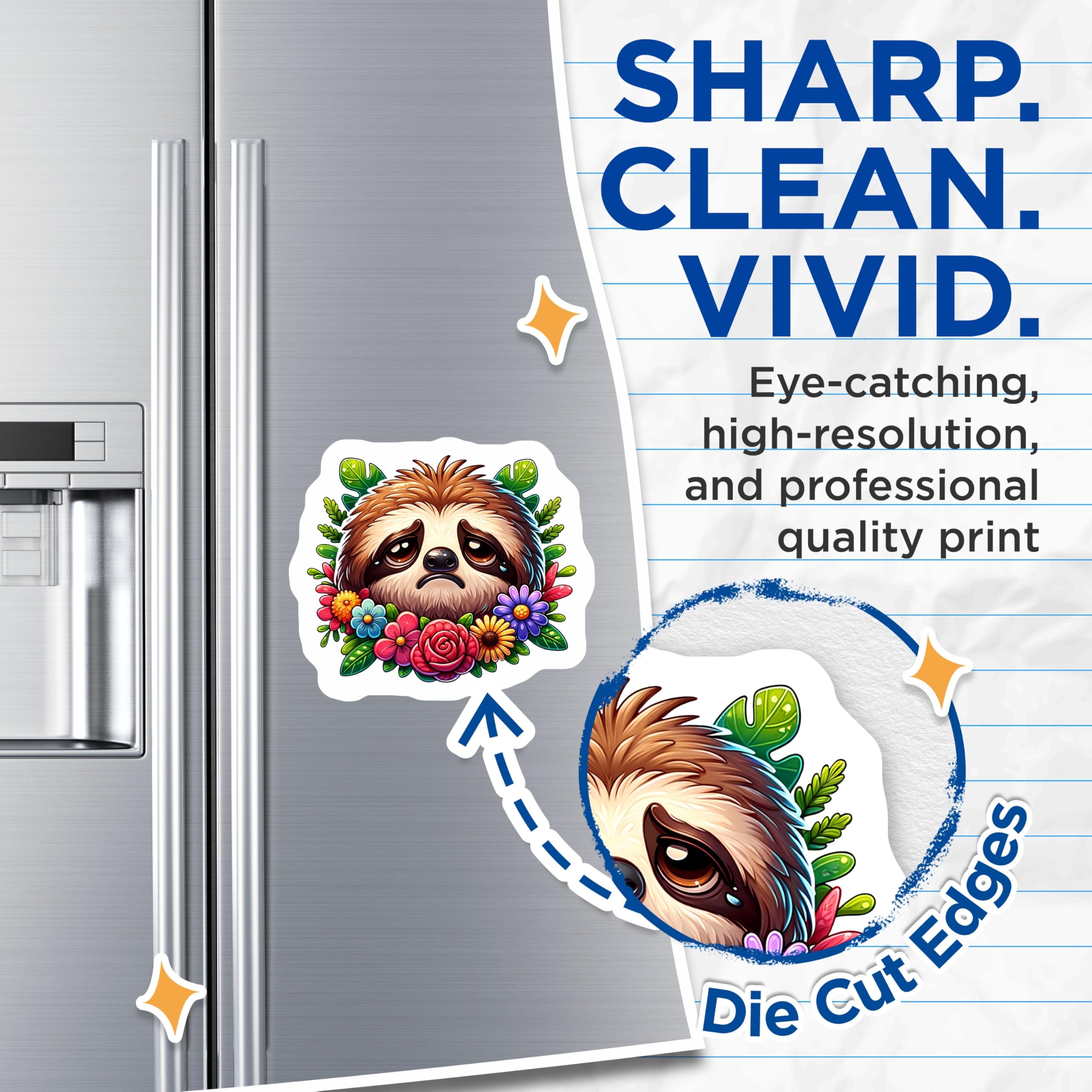 (2 Pack) Sad Sloth Magnets - Cute Crying Sloth Face - Vibrant Tropical Flowers Jungle Leaves - Animal Art Decor - 5 Inches On Longest Side - Thick Durable Magnet - Made in USA - MAG22669
