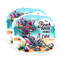 (2 Pack) Beach Hair Dont Care Stickers - Skeleton Beach Vibes - Summer Fun Graphics - 5" On Longest Side - Sticks to Smooth Flat Surfaces - Made in USA - BMCS9575