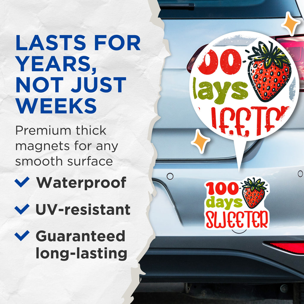 (2 Pack) 100 Days Sweeter Magnets - School Celebration - Teacher Student Reward - Milestone Decor - Cute Strawberry Fridge Locker - 5" - Durable Magnet - Made in USA - MAG38598