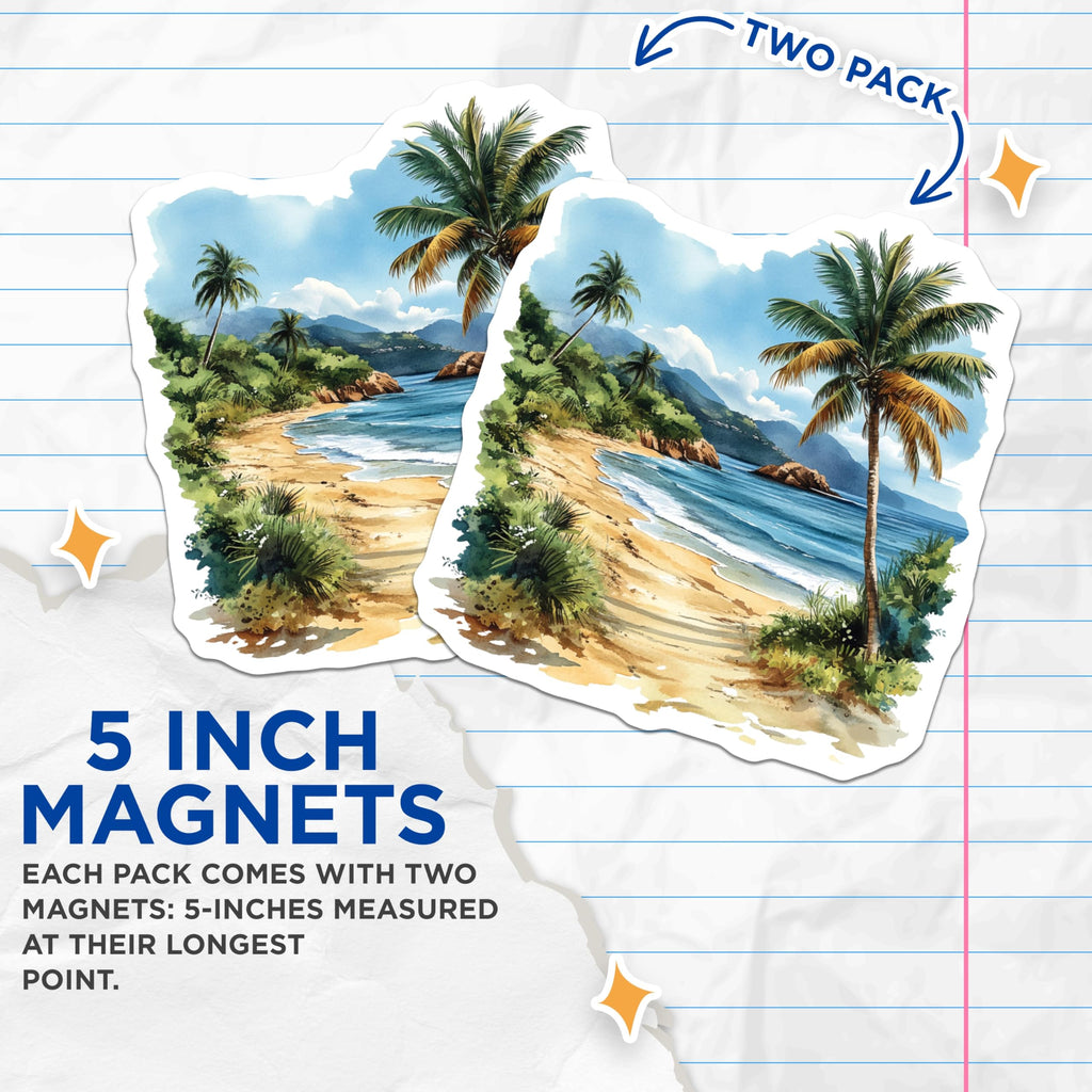 (2 Pack) Tropical Beach Magnets - Watercolor Ocean Scene - Palm Tree Coastal Decor - Island Escape Vacation Vibe - 5 Inches On Longest Side - Thick Durable Magnet - Made in USA - MAG25683