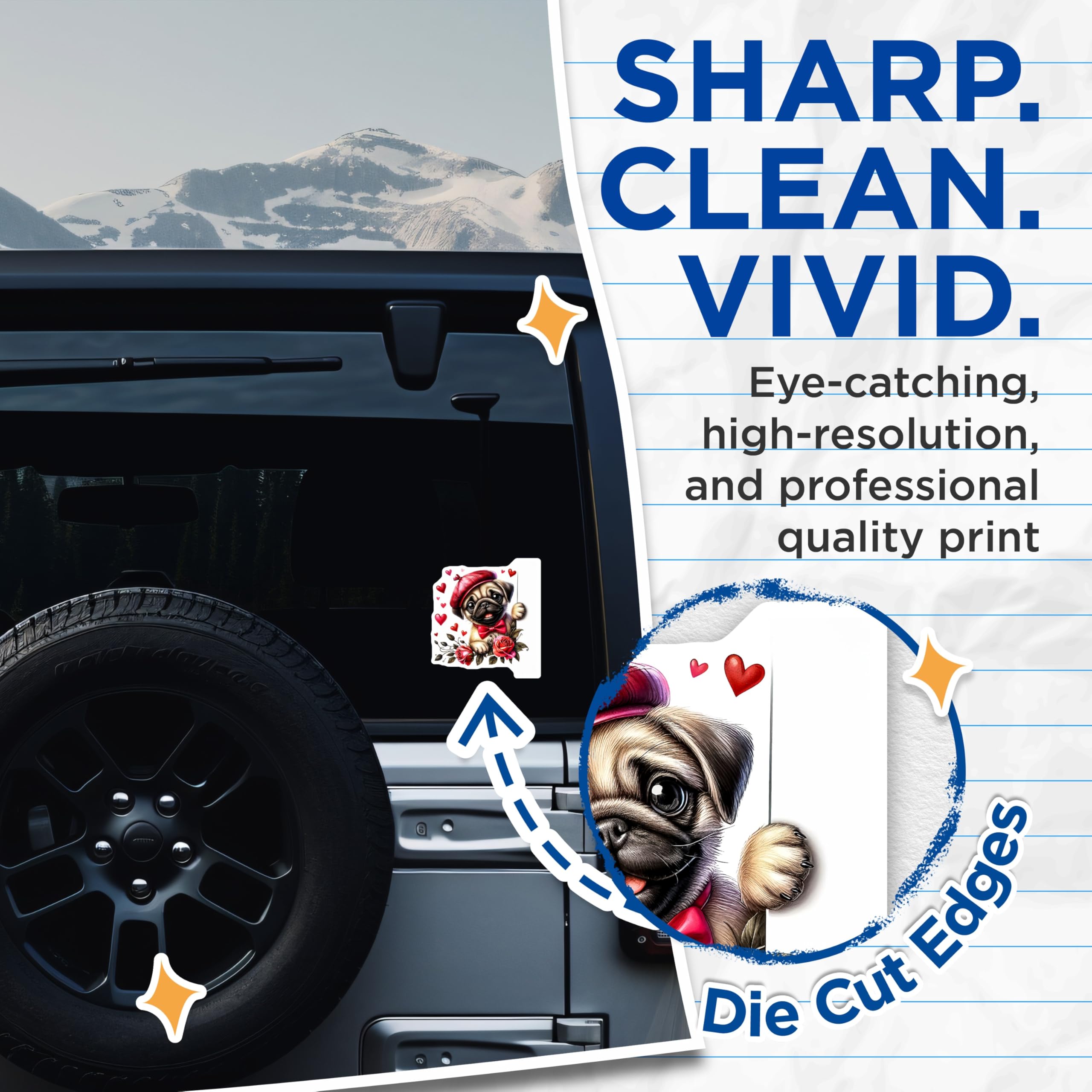 (2 Pack) Pug Stickers - Cute Dog Stickers - Valentine's Day Stickers - 5" On Longest Side - Sticks to Smooth Flat Surfaces - Made in USA - BMCS15312