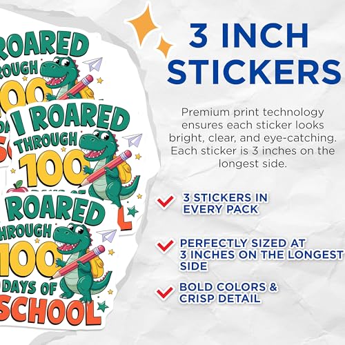 (3 Pack) 100 Days of School Decals - Dinosaur School - Student School Decals - 3 Inches On Longest Side - Easy Peel & Apply - Made in USA - 3MCS2280