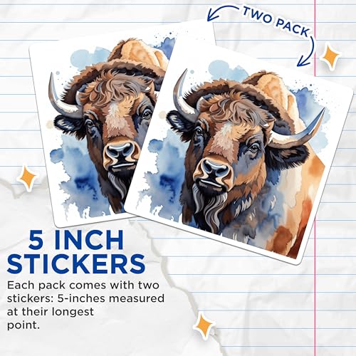 (2 Pack) Bison Animal Art Stickers - Watercolor Buffalo Decal - Wildlife Art - 5" On Longest Side - Sticks to Smooth Flat Surfaces - Made in USA - BMCS8681