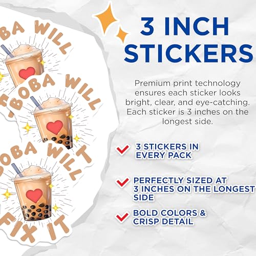(3 Pack) Boba Will Fix It Decals - Cute Bubble Tea - Laptop Decal - 3 Inches On Longest Side - Easy Peel & Apply - Made in USA - 3MCS6513