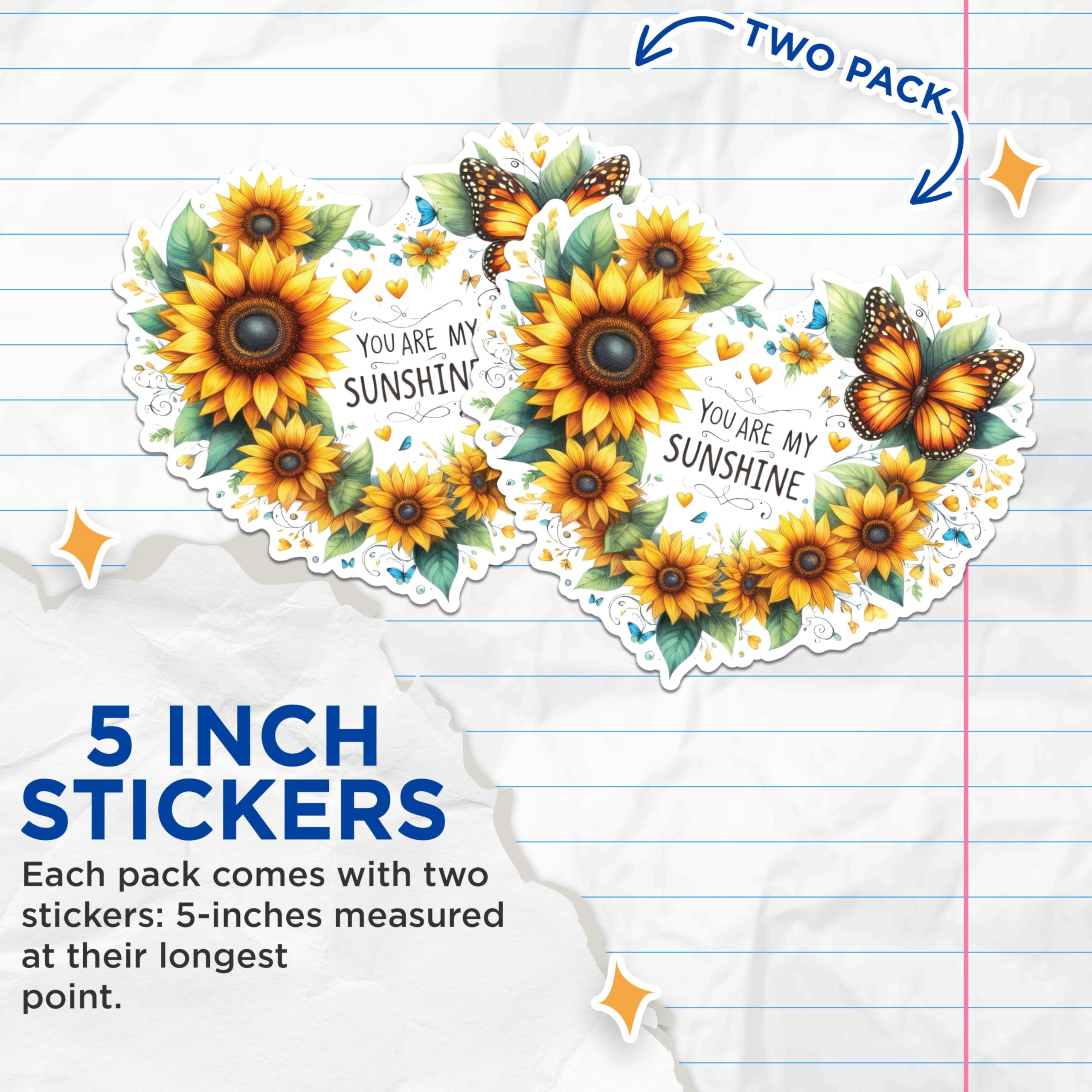 (2 Pack) You are My Sunshine Stickers - Sunflower and Butterfly Stickers - Heart Shape Sunflower Decal - 5" On Longest Side - Sticks to Any Smooth Flat Surface - Made in USA - BMCS2562