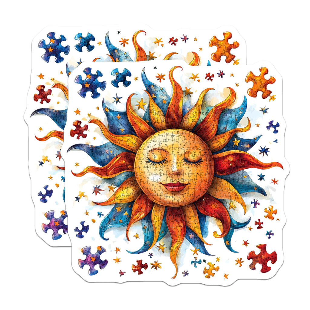 (2 Pack) Peaceful Sun Puzzle Magnets - Whimsical Jigsaw Art - Vibrant Kitchen Refrigerator Locker Accessory - 5 Inches On Longest Side - Thick Durable Magnet - Made in USA - MAG30355