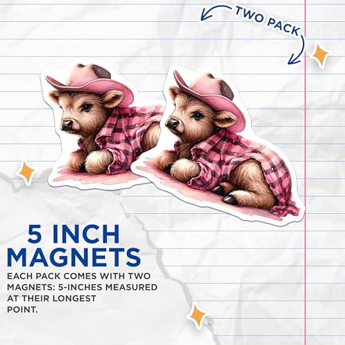 (2 Pack) Cute Baby Cow Magnets - Western Cowboy Magnets - Farm Animal Refrigerator Magnets - 5" On Longest Side - for Cars, Refrigerators, Toolboxes, Lockers - Made in USA MAG3609