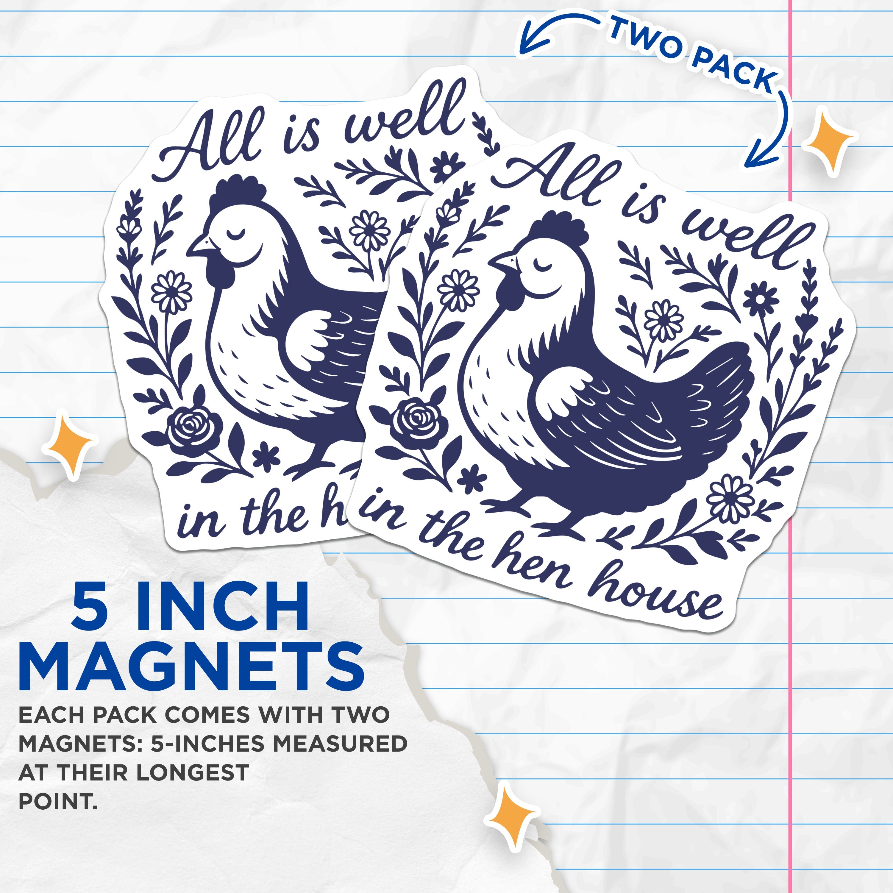 (2 Pack) Farmhouse Chicken Magnets - All is Well Hen House Decor - Rustic Kitchen Refrigerator Magnets - 5 Inches On Longest Side - Thick Durable Magnet - Made in USA - MAG38830
