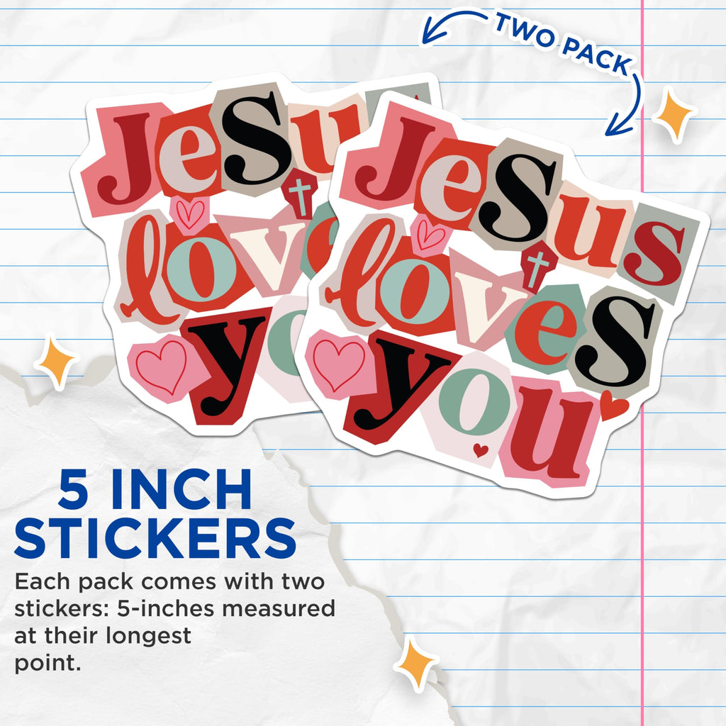 (2 Pack) Jesus Loves You Stickers - Christian Faith Decal - Religious Saying Art - Inspirational Quote - 5" On Longest Side - Sticks to Smooth Flat Surfaces - Made in USA - BMCS20022