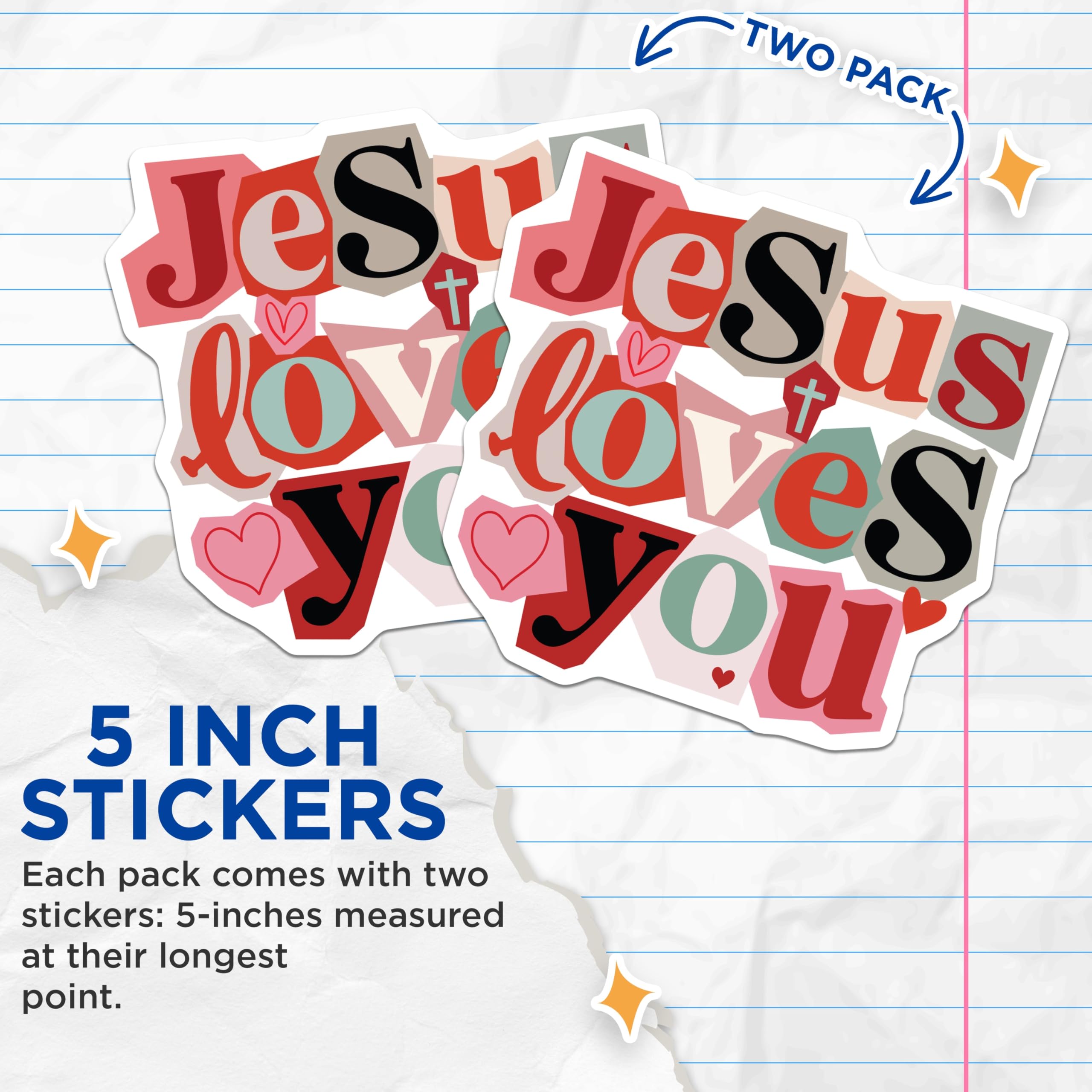 (2 Pack) Jesus Loves You Stickers - Christian Faith Decal - Religious Saying Art - Inspirational Quote - 5" On Longest Side - Sticks to Smooth Flat Surfaces - Made in USA - BMCS20022