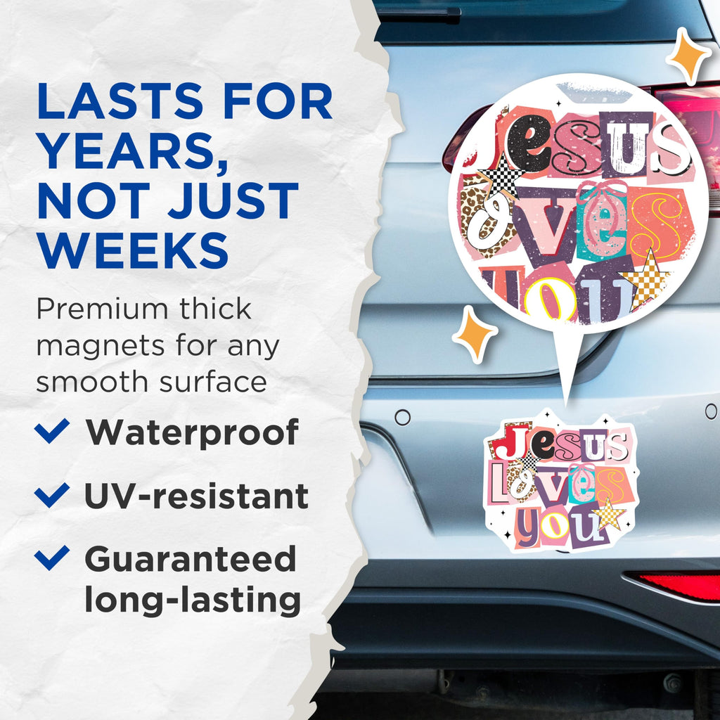 (2 Pack) Jesus Loves You Magnets - Christian Faith Home Decor - Inspirational Scripture Art - Retro Scrapbook Design - 5 Inches On Longest Side - Thick Durable Magnet - Made in USA - MAG19708