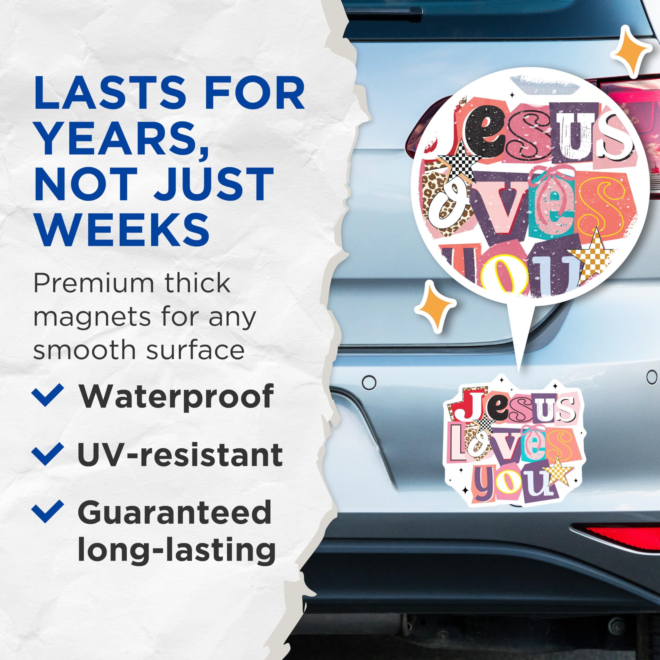 (2 Pack) Jesus Loves You Magnets - Christian Faith Home Decor - Inspirational Scripture Art - Retro Scrapbook Design - 5 Inches On Longest Side - Thick Durable Magnet - Made in USA - MAG19708