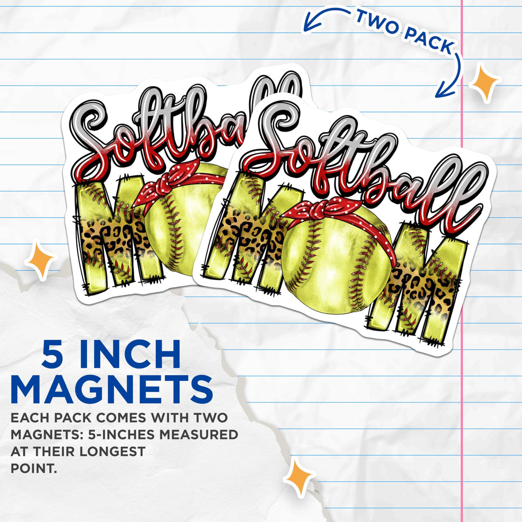 (2 Pack) Softball Mom Magnets - Leopard Print Sports Mom Decor - Game Day Car Accessories for Team Moms - 5 Inches On Longest Side - Thick Durable Magnet - Made in USA - MAG28128