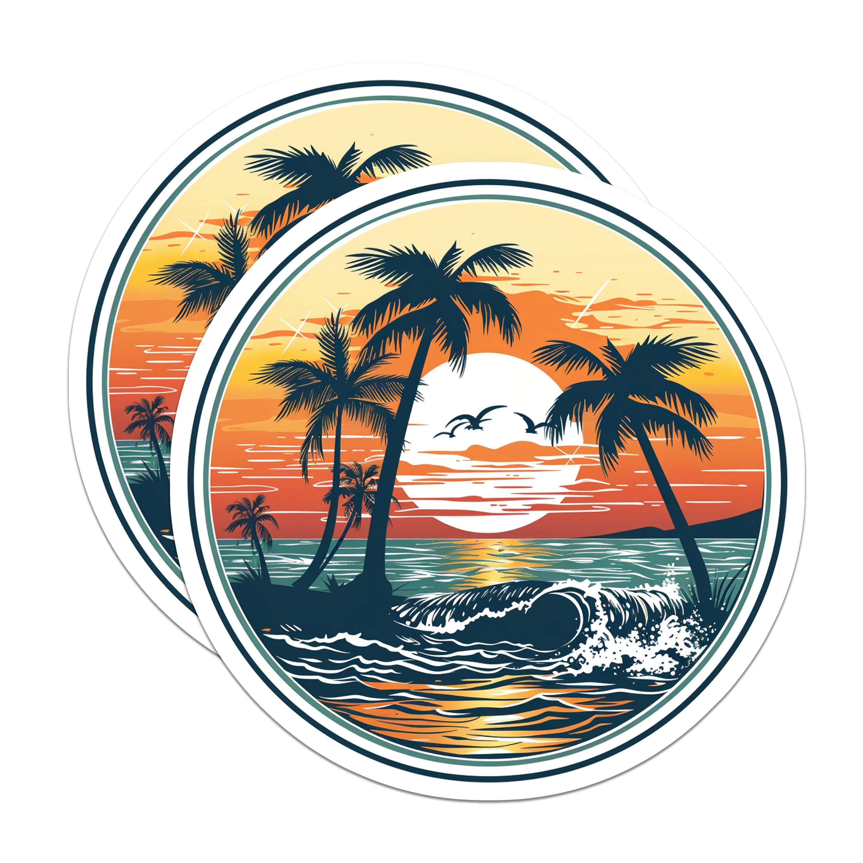 (2 Pack) Beach Sunset Magnets - Tropical Palm Tree - Ocean Wave Art - Summer Vacation Decor - Travel Souvenir - 5 Inches On Longest Side - Thick Durable Magnet - Made in USA - MAG38200