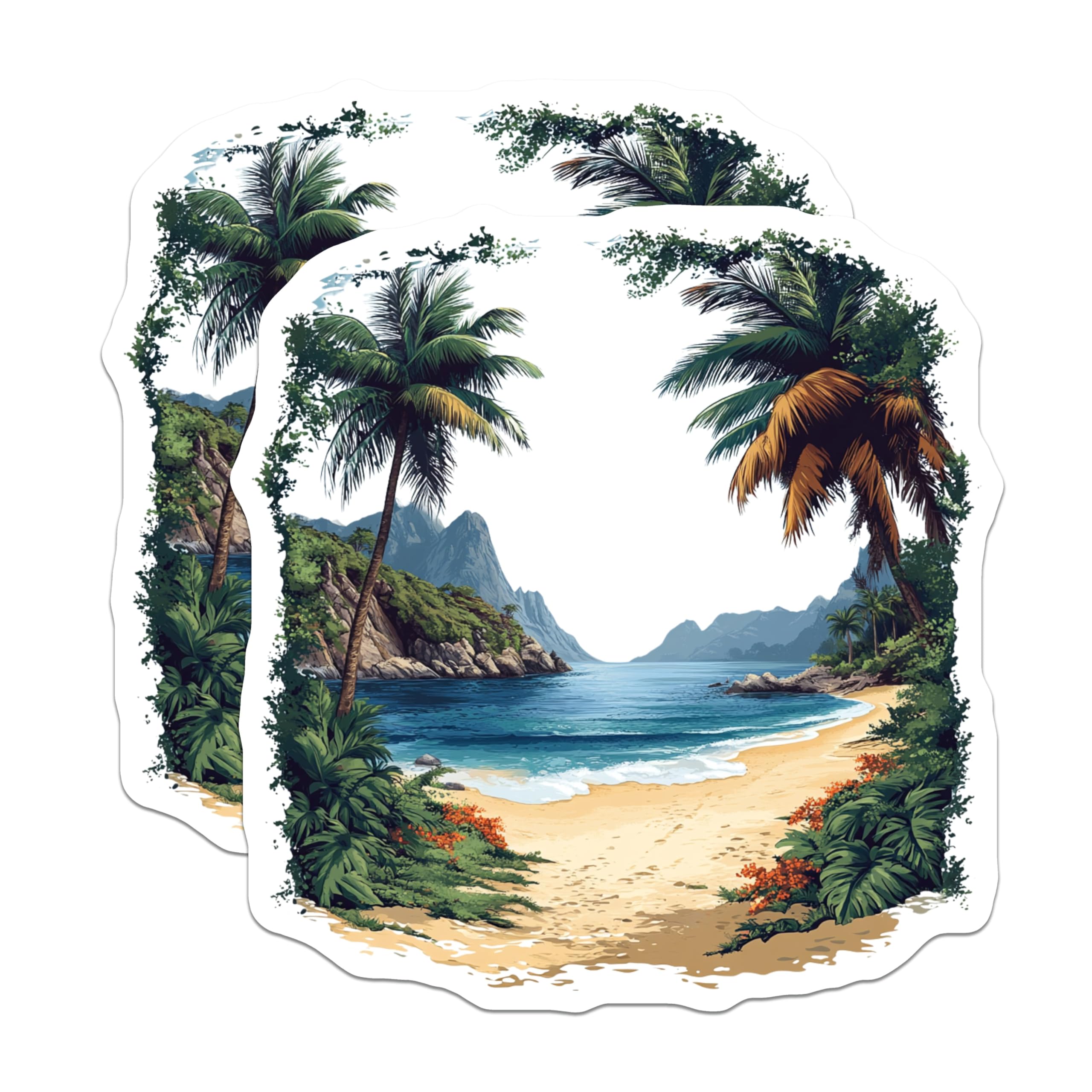 (2 Pack) Tropical Beach Scene Magnets - Ocean View Decor - Palm Tree Island Fridge Art - 5 Inches On Longest Side - Thick Durable Magnet - Made in USA - MAG28499