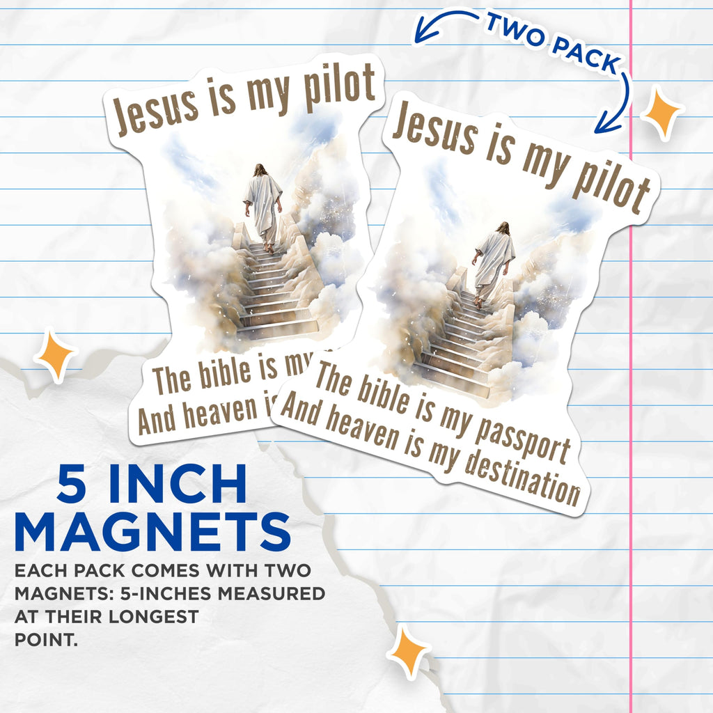 (2 Pack) Jesus is My Pilot Magnets - Christian Quote Scripture - Spiritual Fridge Decor - 5 Inches On Longest Side - Thick Durable Magnet - Made in USA - MAG24660
