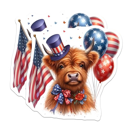 (2 Pack) Patriotic Highland Cow Stickers - 4th of July Decorations - Independence Day Stickers - 5" On Longest Side - Sticks to Smooth Flat Surfaces - Made in USA - BMCS6352