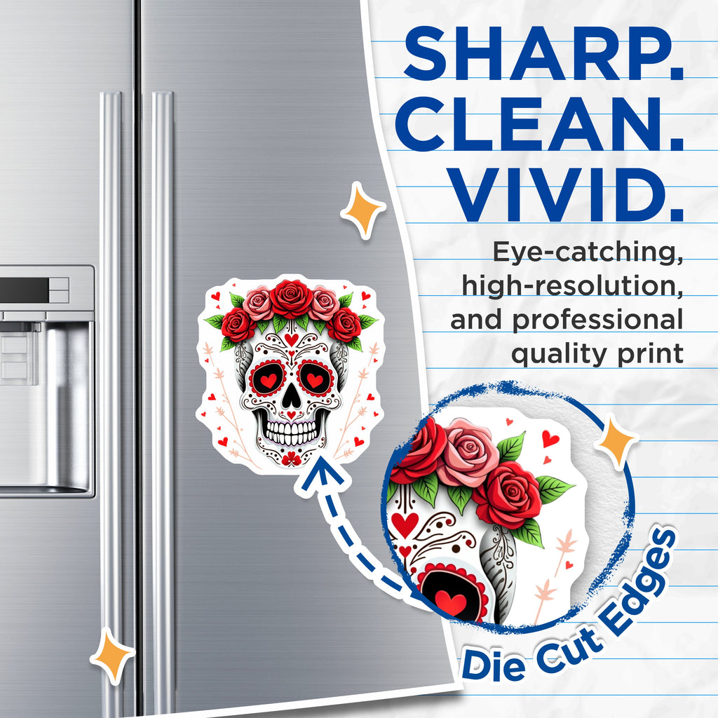 (2 Pack) Day of the Dead Magnets - Floral Sugar Skull Art - Romantic Calavera Decor - Sweet Goth Kitchen Style - 5 Inches On Longest Side - Thick Durable Magnet - Made in USA - MAG38259