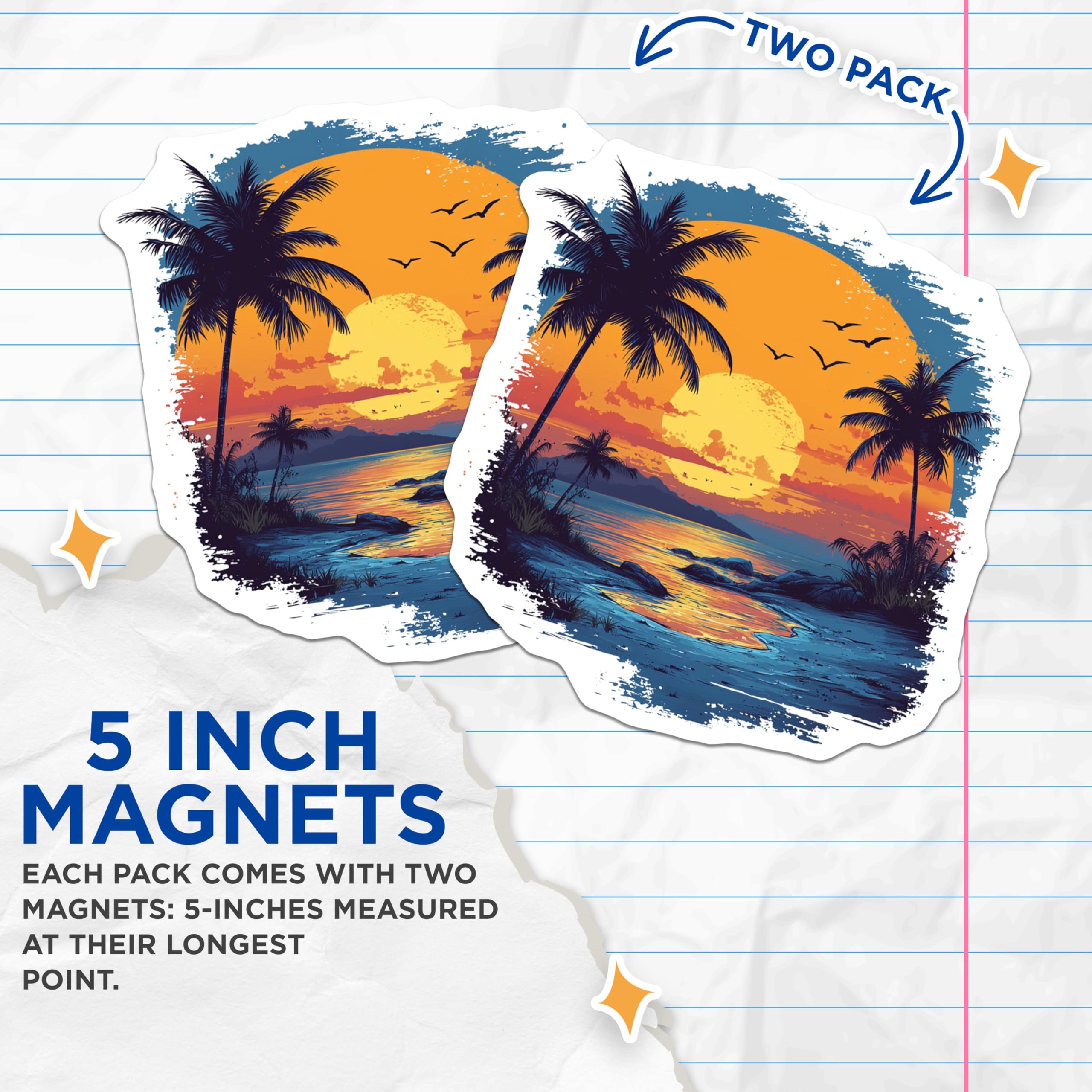 (2 Pack) Vibrant Tropical Sunset Magnets - Beach House Decor - Palm Tree Ocean View Fridge - 5 Inches On Longest Side - Thick Durable Magnet - Made in USA - MAG28896