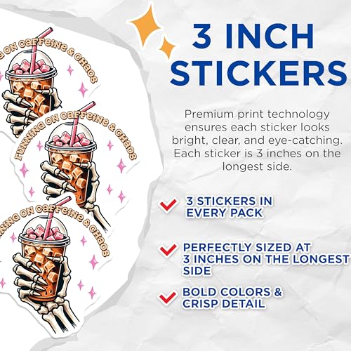 (3 Pack) Caffeine Chaos Decals - Funny Beverage - Skeleton Hand Sticker - 3 Inches On Longest Side - Easy Peel & Apply - Made in USA - 3MCS6286