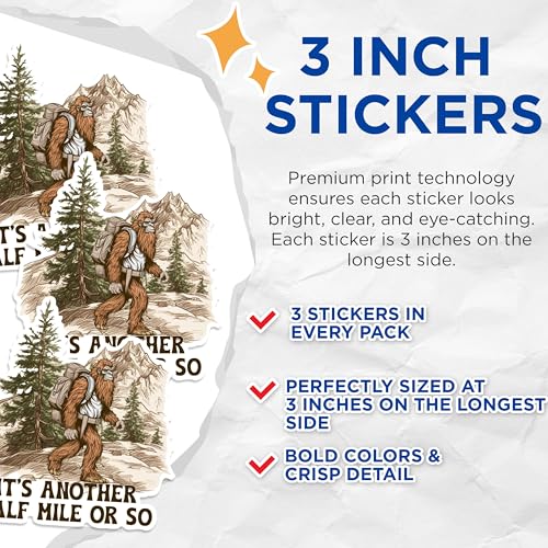 (3 Pack) Bigfoot Hiking Decals - Funny Sasquatch - Laptop Decal - 3 Inches On Longest Side - Easy Peel & Apply - Made in USA - 3MCS1358