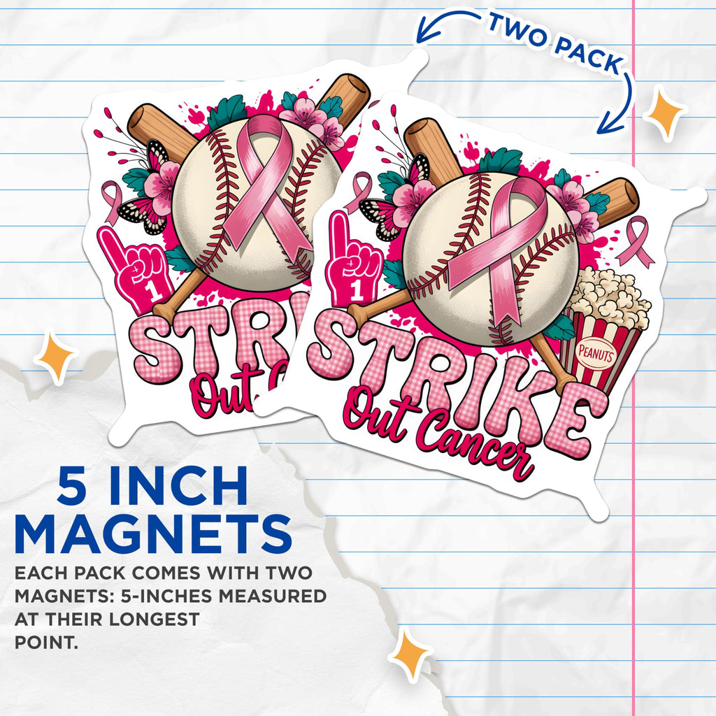 (2 Pack) Breast Cancer Awareness Magnets - Baseball Pink Ribbon Survivor - Strike Out Cancer Support - 5 Inches On Longest Side - Thick Durable Magnet - Made in USA - MAG23664