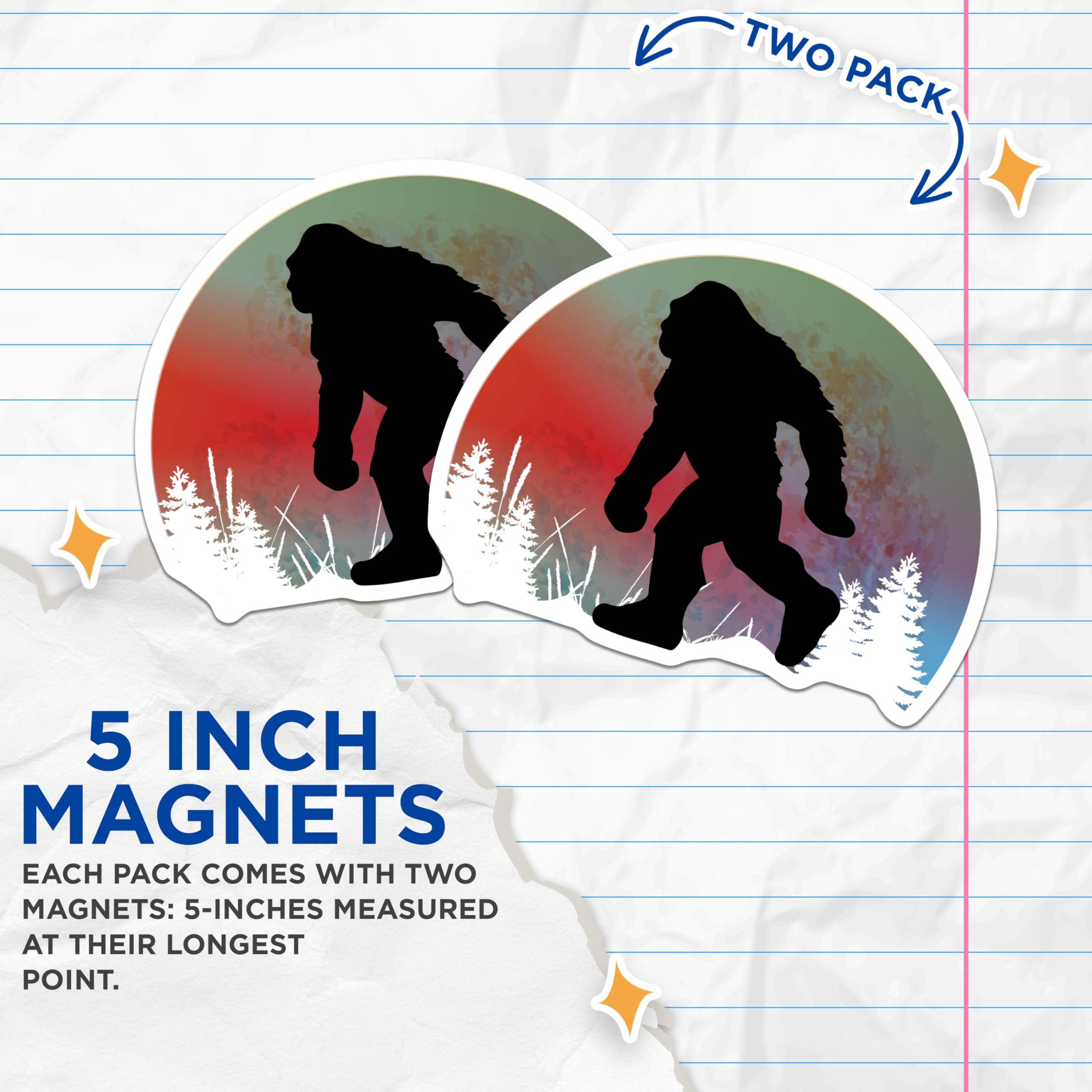 (2 Pack) Bigfoot Magnets - Sasquatch Forest Decor - Cryptid Creature Refrigerator Art - 5 Inches On Longest Side - Thick Durable Magnet - Made in USA - MAG20489