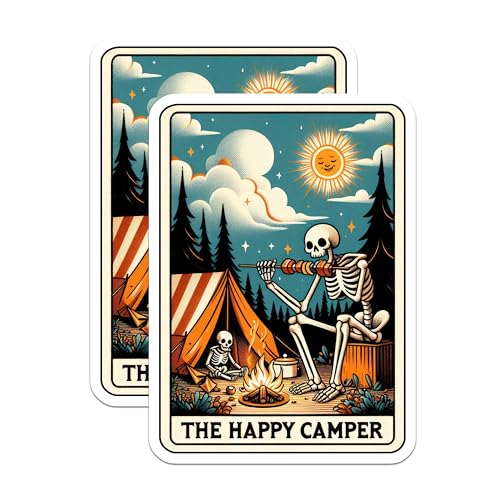 (2 Pack) The Happy Camper Stickers - Skeleton Campfire Stickers - Outdoor Adventure Stickers - Camping Fun Stickers - 5" On Longest Side - Sticks to Smooth Flat Surfaces - Made in USA - BMCS5425