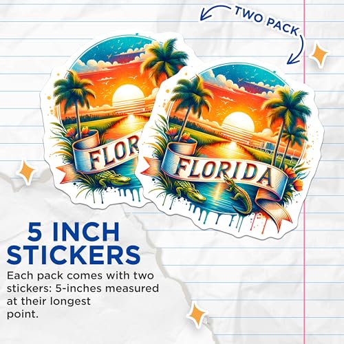 (2 Pack) Florida State Stickers - Sunset Palm Trees - Alligator Wildlife Decal - 5" On Longest Side - Sticks to Smooth Flat Surfaces - Made in USA - BMCS6738