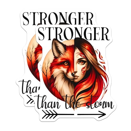 (2 Pack) Fox and Woman Art Stickers - Stronger Than The Storm - Inspirational Quotes - 5" On Longest Side - Sticks to Smooth Flat Surfaces - Made in USA - BMCS9235