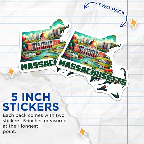 (2 Pack) Massachusetts State Stickers - New England Journey - USA Travel Decal Art - 5" On Longest Side - Sticks to Smooth Flat Surfaces - Made in USA - BMCS5162