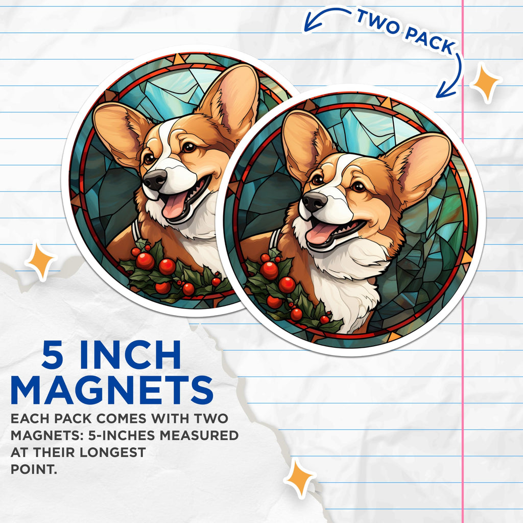 (2 Pack) Corgi Stained Glass Magnets - Christmas Dog Decor - Refrigerator Holiday Art - 5 Inches On Longest Side - Thick Durable Magnet - Made in USA - MAG23720
