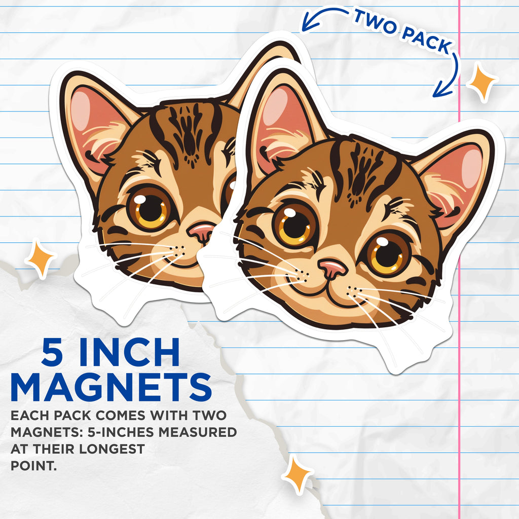 (2 Pack) Cute Cat Face Magnets - Kawaii Kitten Decor - Animal Lover Refrigerator Magnet - Pet Parent Locker Art - 5 Inches On Longest Side - Thick Durable Magnet - Made in USA - MAG37220