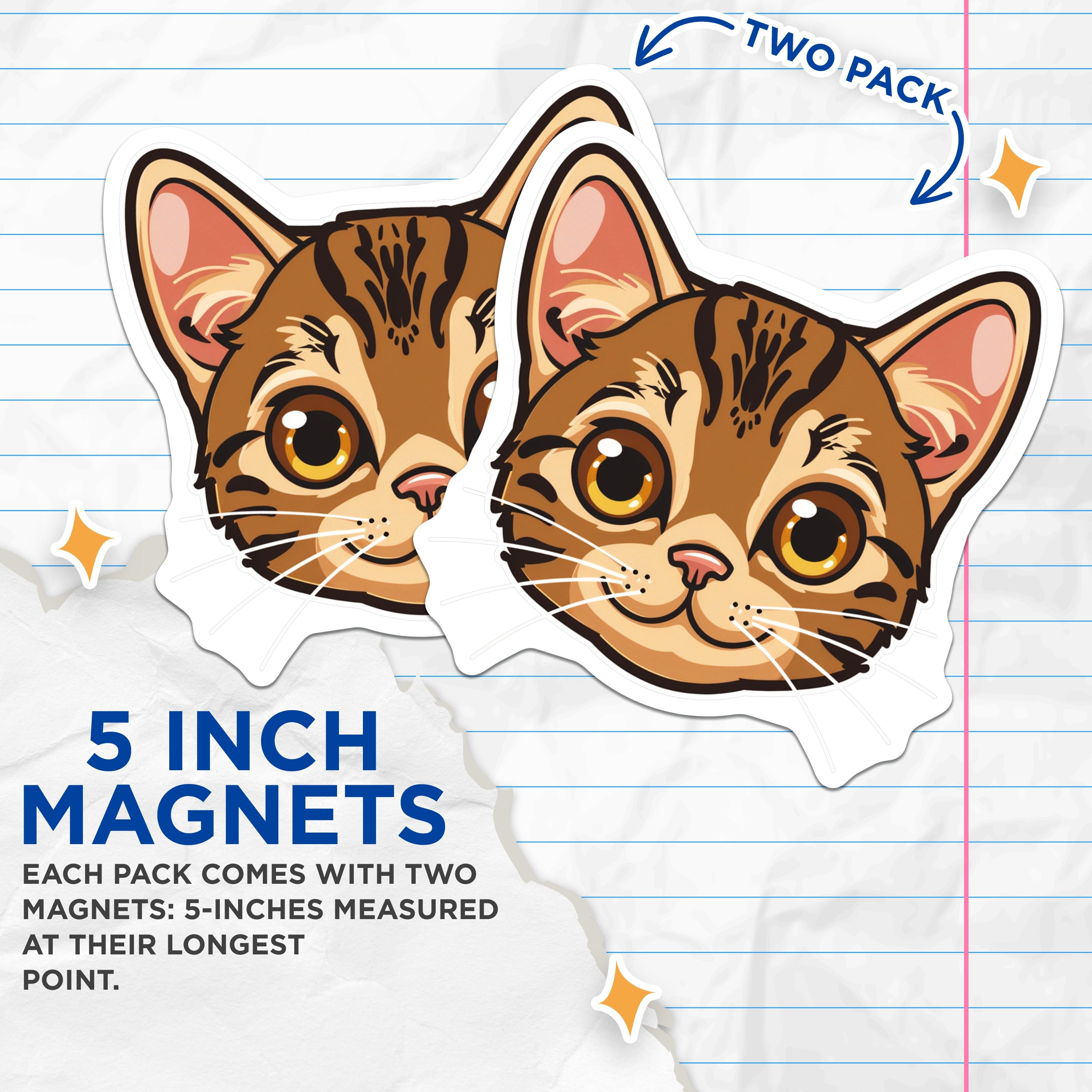 (2 Pack) Cute Cat Face Magnets - Kawaii Kitten Decor - Animal Lover Refrigerator Magnet - Pet Parent Locker Art - 5 Inches On Longest Side - Thick Durable Magnet - Made in USA - MAG37220
