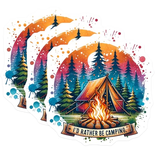 (3 Pack) Camping Tent Decals - Bonfire Laptop Decal - I'd Rather Be Camping Slogan- 3 Inches On Longest Side - Easy Peel & Apply - Made in USA - 3MCS5418