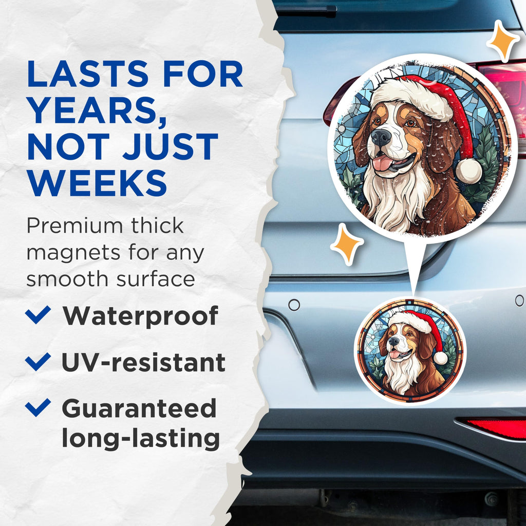 (2 Pack) Bernese Mountain Dog Christmas Magnets - Santa Hat Pet Decor - Stained Glass Holiday Art - 5 Inches On Longest Side - Thick Durable Magnet - Made in USA - MAG27235