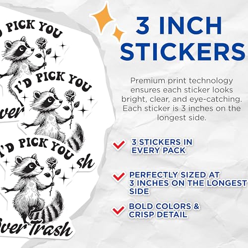 (3 Pack) Raccoon Decals - I'd Pick You - Over Trash Laptop Decal - 3 Inches On Longest Side - Easy Peel & Apply - Made in USA - 3MCS2281