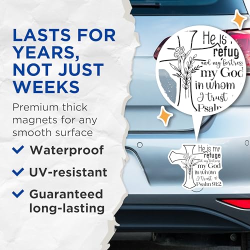 (2 Pack) He is My Refuge Magnets - Psalm 91:2 Christian - Inspirational Magnet for Faithful - 5" On Longest Side - for Cars, Fridges, Toolboxes - Made in USA - MAG3842
