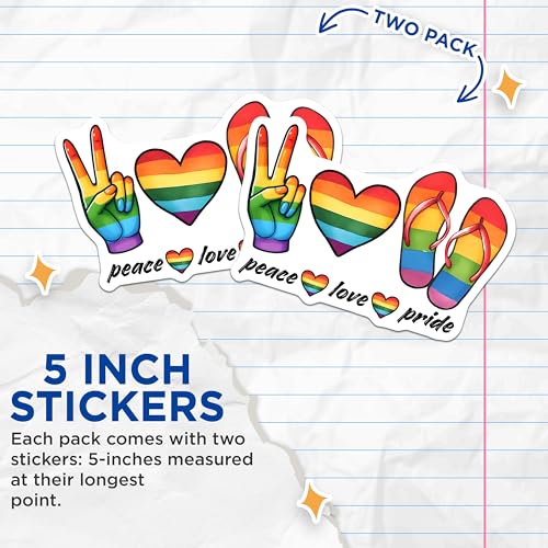 (2 Pack) Peace Love Pride Stickers - Rainbow Hand Heart Flip Flops - LGBTQ - 5" On Longest Side - Sticks to Smooth Flat Surfaces - Made in USA - BMCS8276