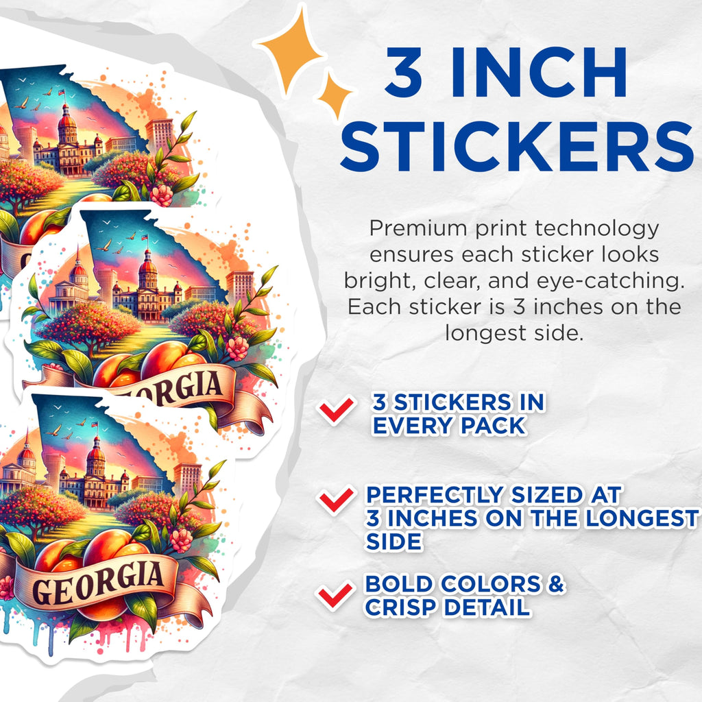 (3 Pack) Georgia State Decals - Peach State Laptop Decals - Southern Pride Stickers- 3 Inches On Longest Side - Easy Peel & Apply - Made in USA - 3MCS5655