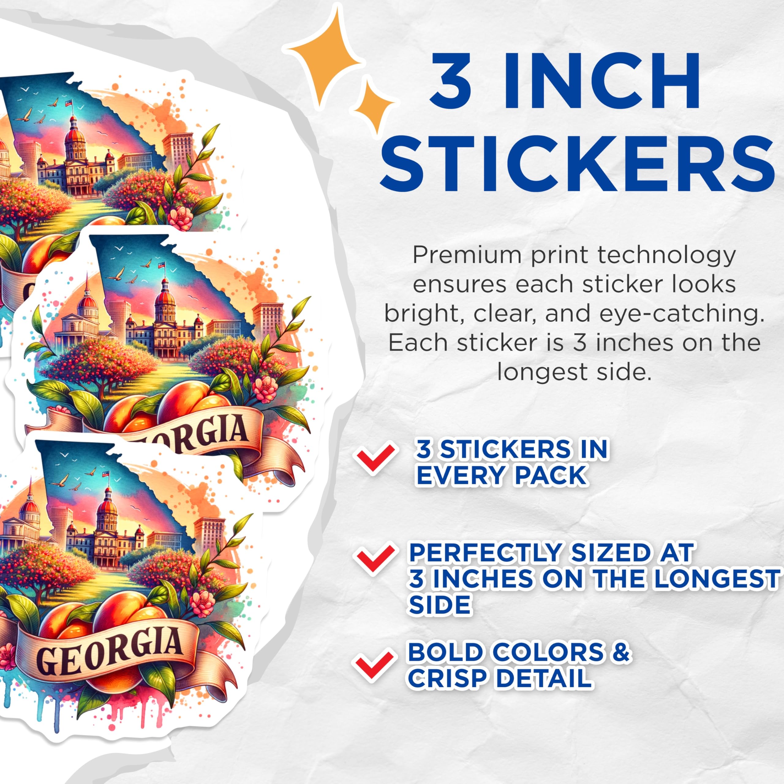 (3 Pack) Georgia State Decals - Peach State Laptop Decals - Southern Pride Stickers- 3 Inches On Longest Side - Easy Peel & Apply - Made in USA - 3MCS5655