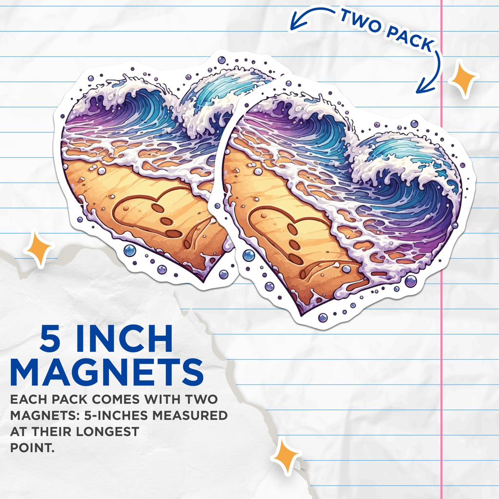 (2 Pack) Heart Ocean Waves Magnets - Beach Love Scene Art - Coastal Summer Decor - Valentine Sea Vibe - 5 Inches On Longest Side - Thick Durable Magnet - Made in USA - MAG19510