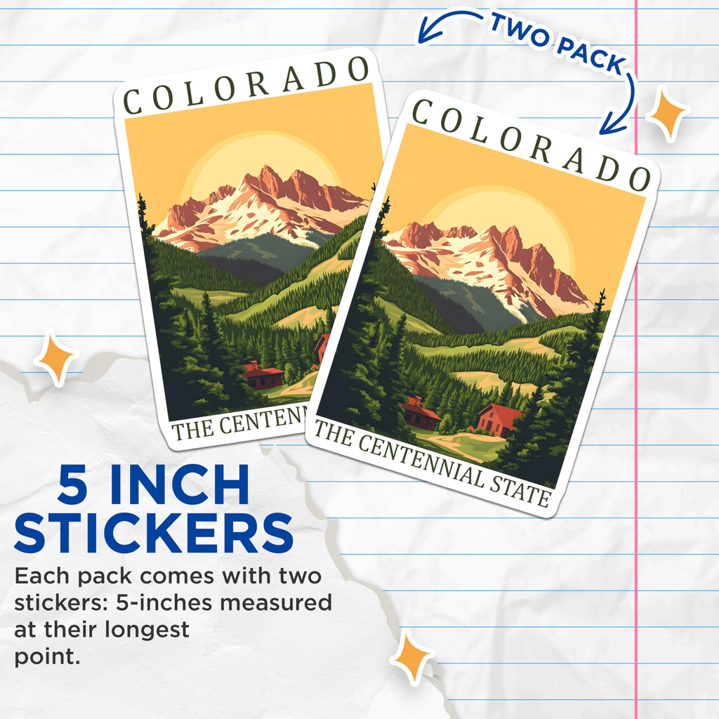 (2 Pack) Colorado Stickers - Centennial State Decals - Mountain Scenery Art - 5" On Longest Side - Sticks to Smooth Flat Surfaces - Made in USA - BMCS18206