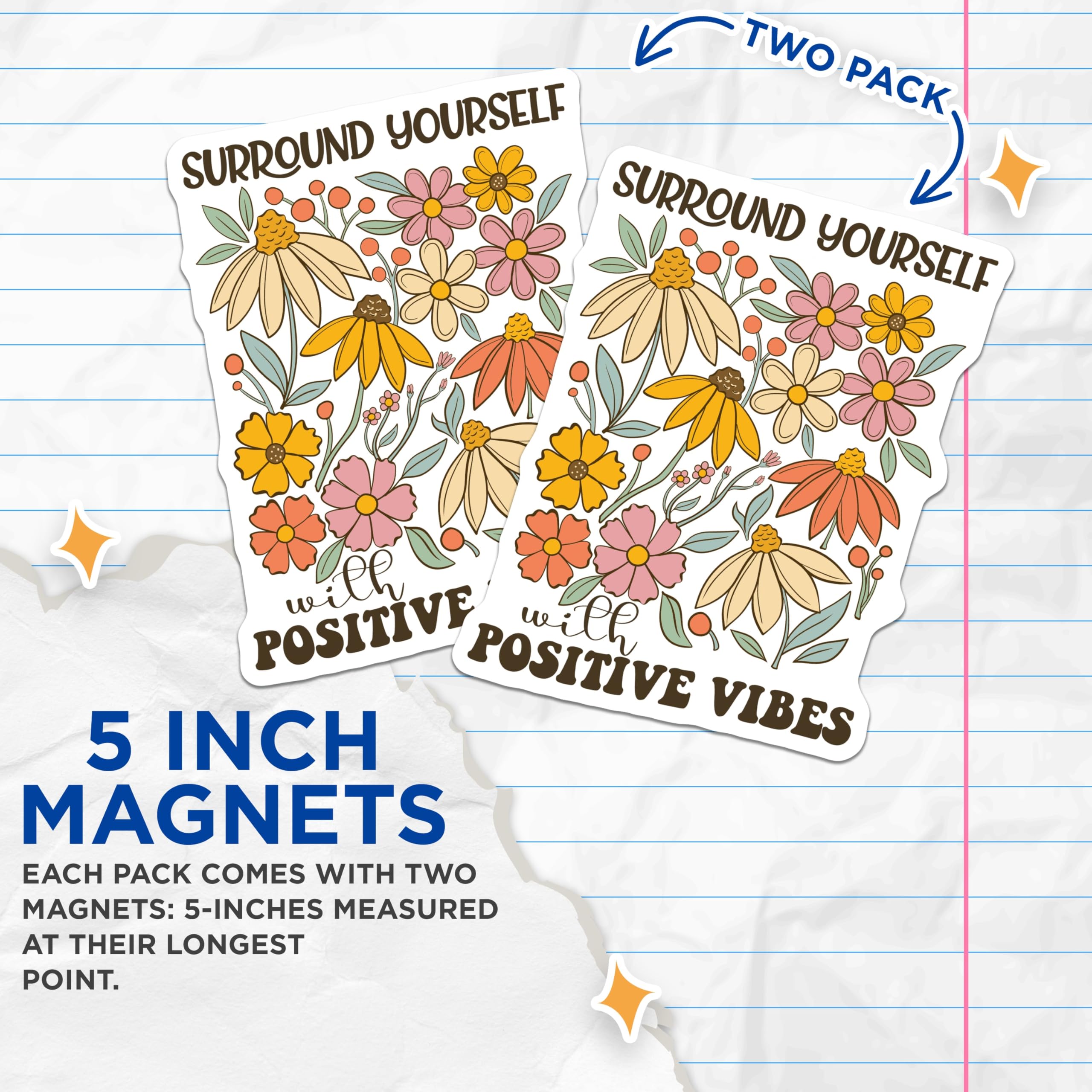 (2 Pack) Positive Vibes Magnets - Floral Illustration - Retro Decor - 5" On Longest Side - Premium Magnet - for Cars, Refrigerators, Toolboxes, Lockers - Made in USA - MAG17719