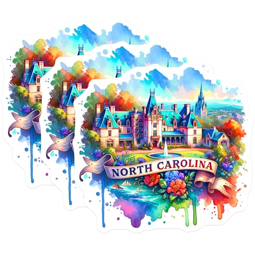(3 Pack) North Carolina Decals - Asheville Travel Sticker - Watercolor Laptop Decal- 3 Inches On Longest Side - Easy Peel & Apply - Made in USA - 3MCS5749