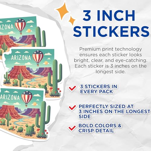 (3 Pack) Arizona State Decals - Hot Air Balloon Decal - Cactus Desert Decal - 3 Inches On Longest Side - Easy Peel & Apply - Made in USA - 3MCS0123