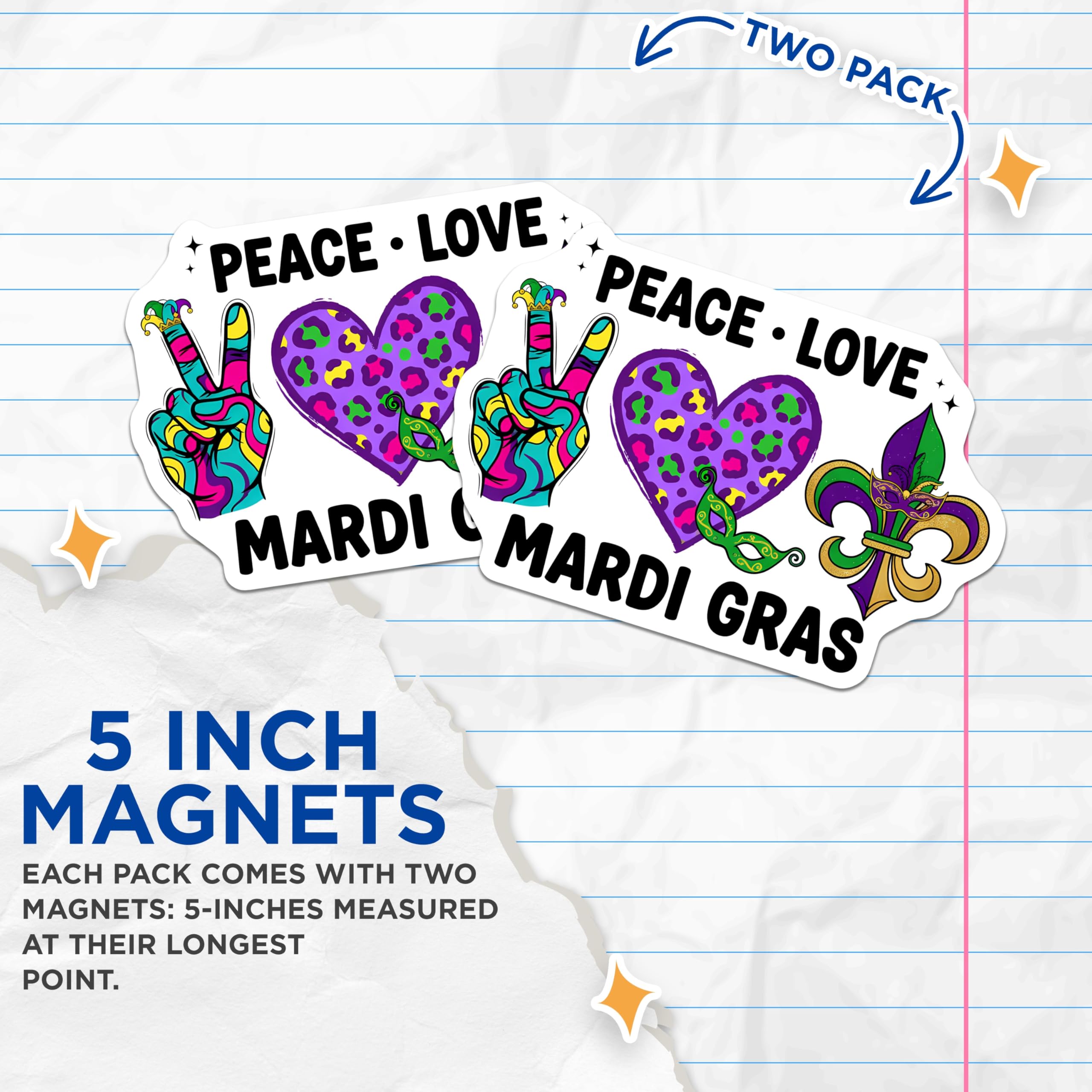 (2 Pack) Mardi Gras Magnets - Peace Love Beads Fleur De Lis - Party Decoration - 5" On Longest Side - Premium Magnet - for Cars, Refrigerators, Toolboxes, Lockers - Made in USA - MAG16410
