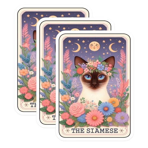 (3 Pack) Siamese Cat Decals - Floral Crown Kitty - Moon Star Laptop Decal - 3 Inches On Longest Side - Easy Peel & Apply - Made in USA - 3MCS4075